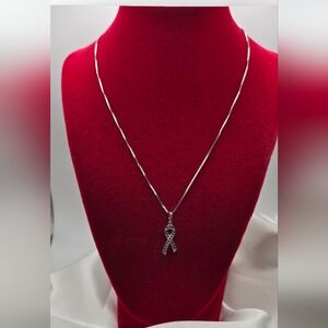 Sterling Silver 925 Pink Moissanite Cancer Awareness Ribbon Pendant Necklace